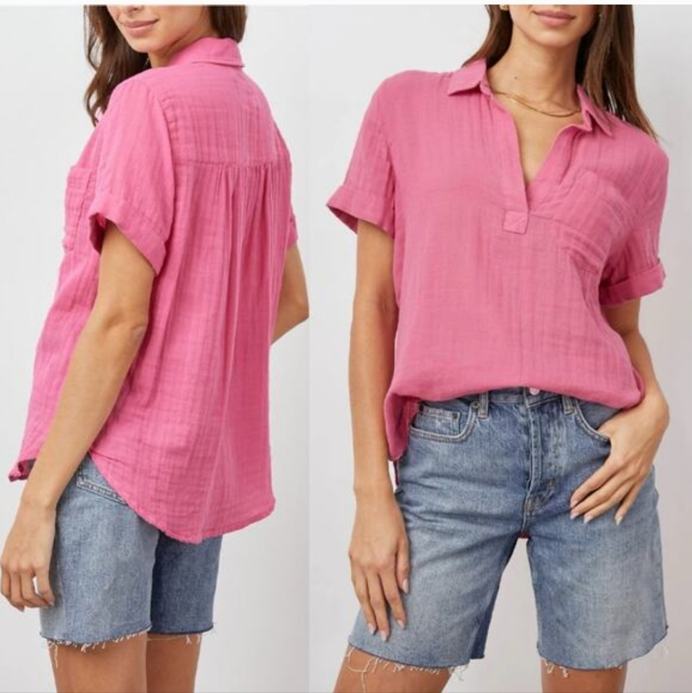Rails Savannah Collared Blouse Pink Punch Cotton Gauze | Medium